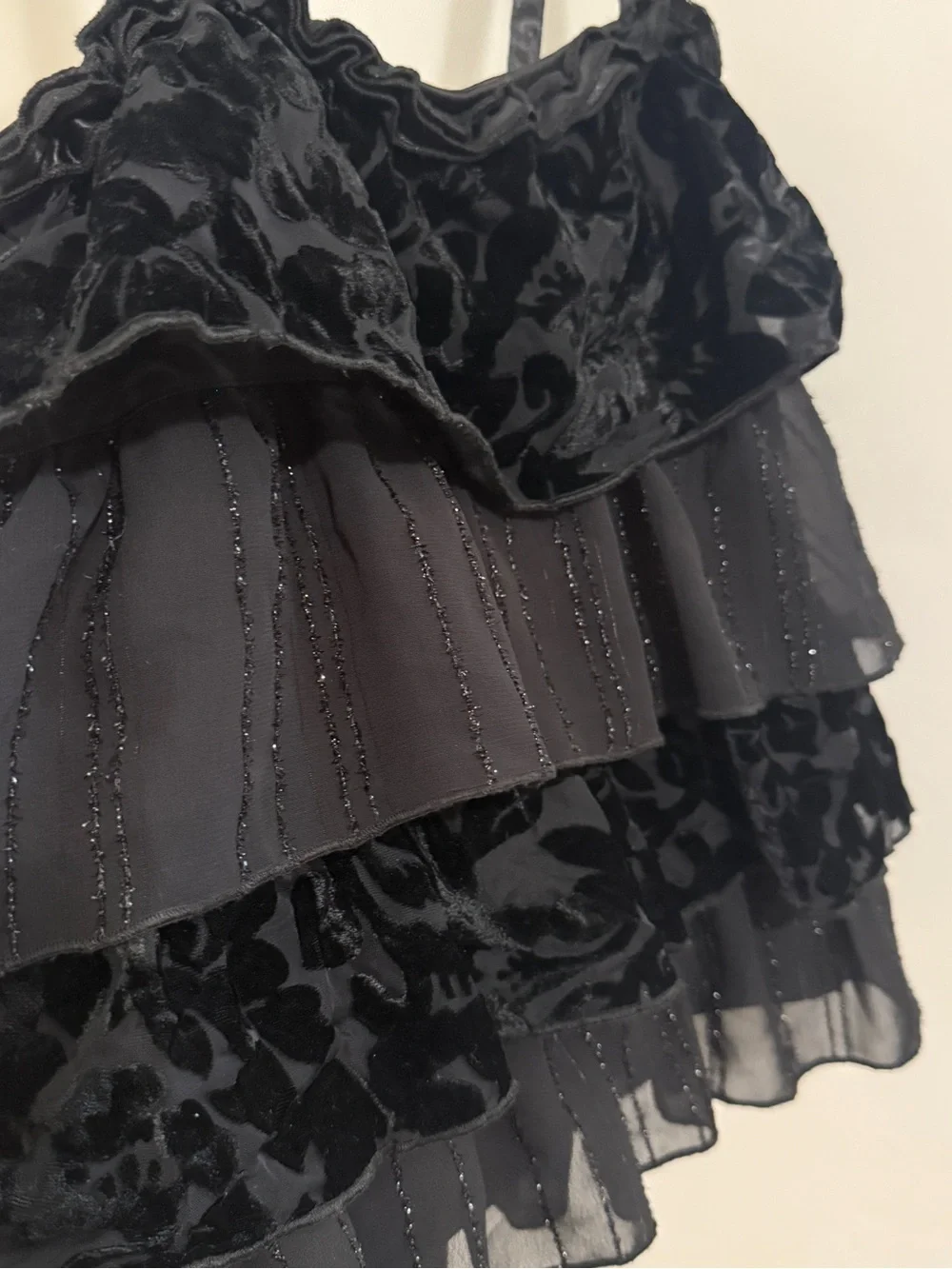 Justice Black Ruffled Velvet & Chiffon Tiered Tank Top Coquette Y2K Cute